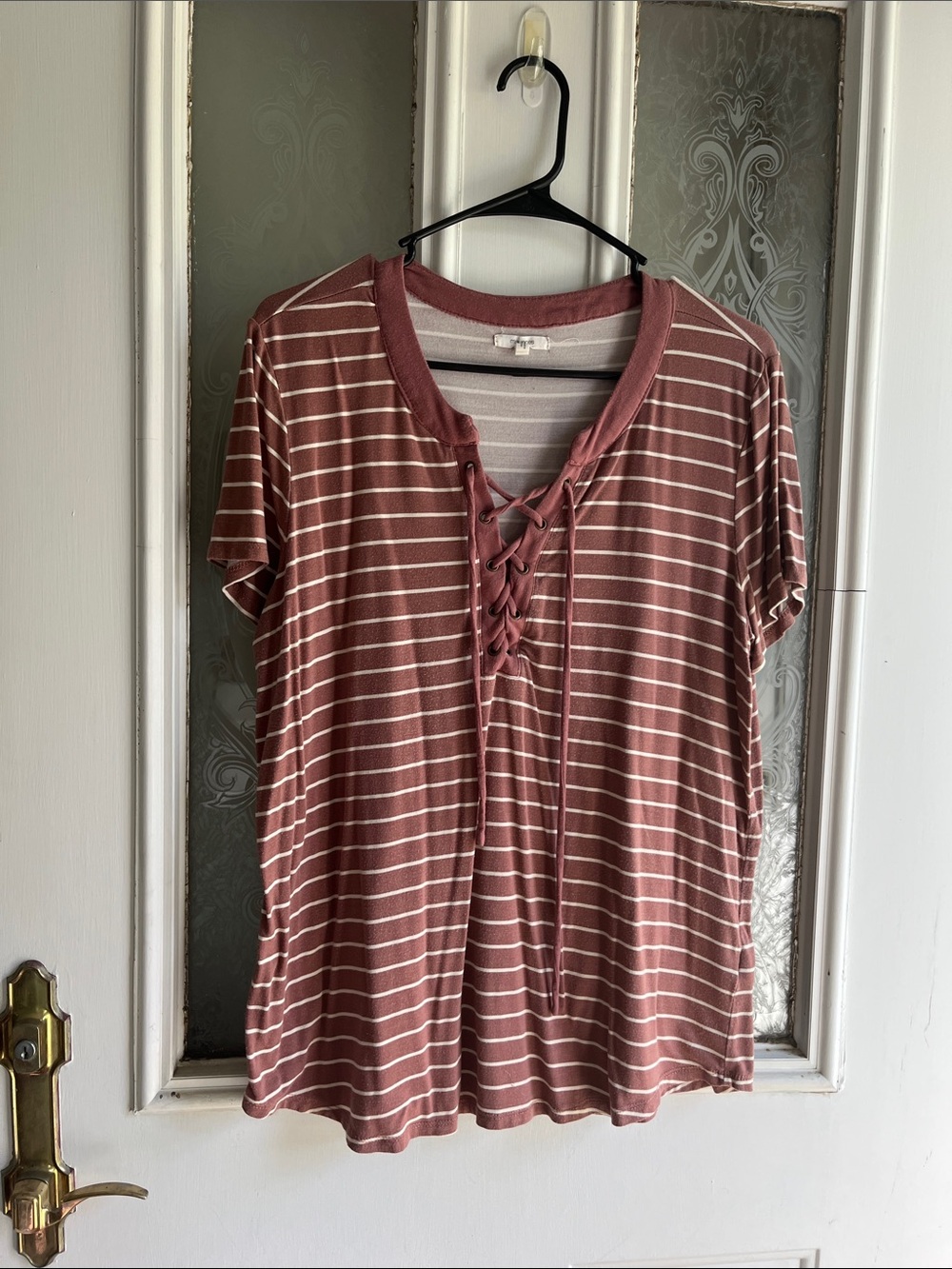 Maurices Mauve Striped Lace-Up Short Sleeve Tee